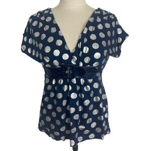 Vintage Y2K Anxiety Babydoll Top Large Blue Silver Polka Dots Empire Waist